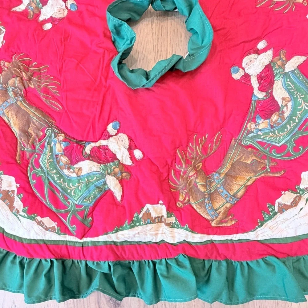 Vintage Christmas Tree Skirt Square 36x34 Santa & Reindeer Ruffles Red Green